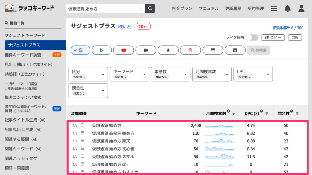 ラッコキーワードで月間検索数取得